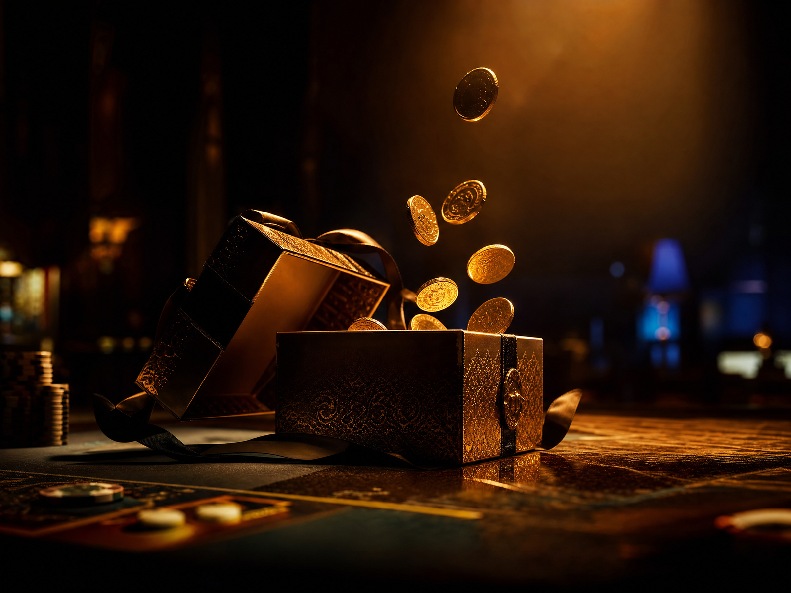 Open gift box with gold coins rising out of it — Donbet welcome bonus offer