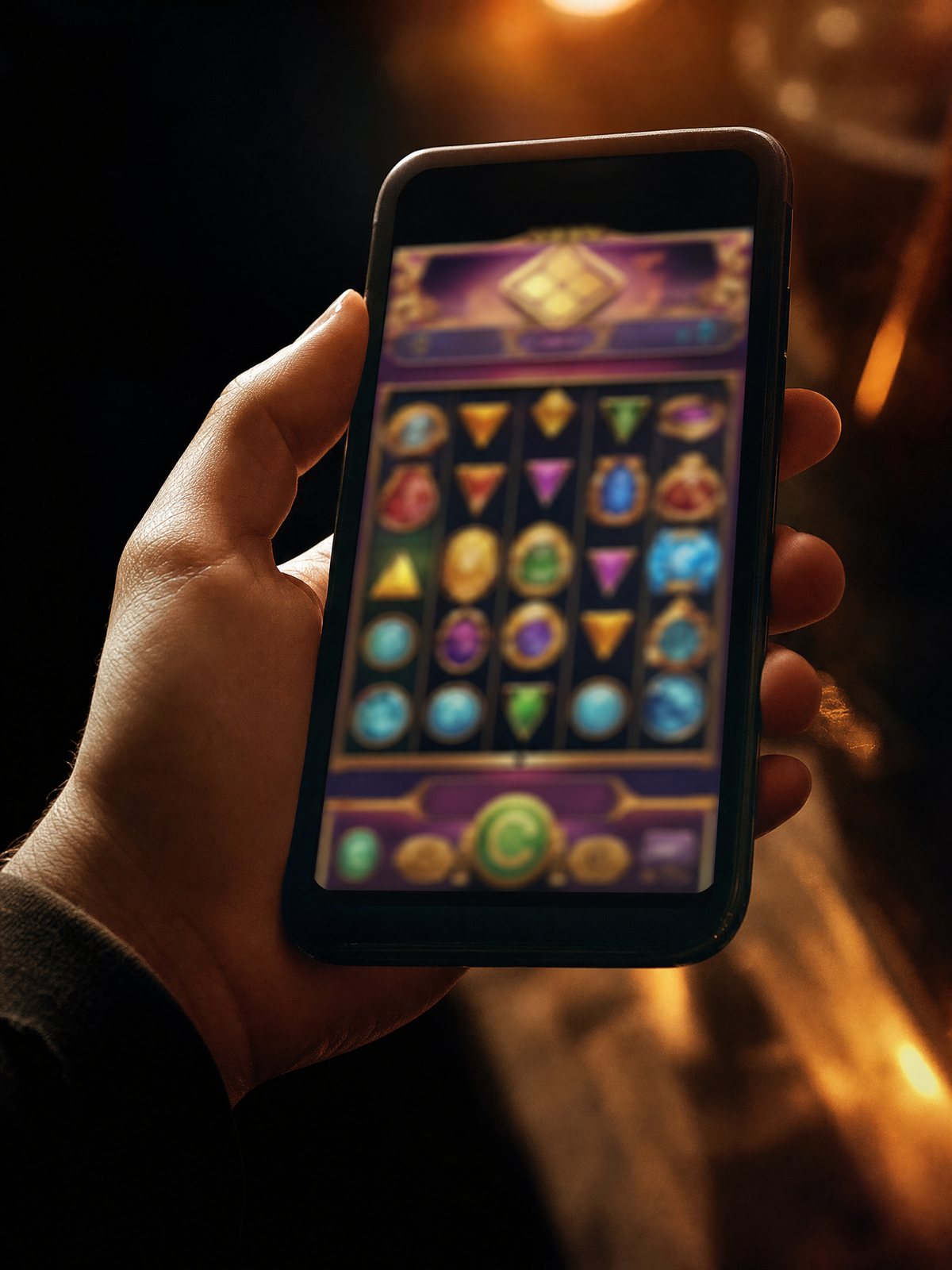 Hand holding a smartphone showing a slot game — Donbet mobile casino access