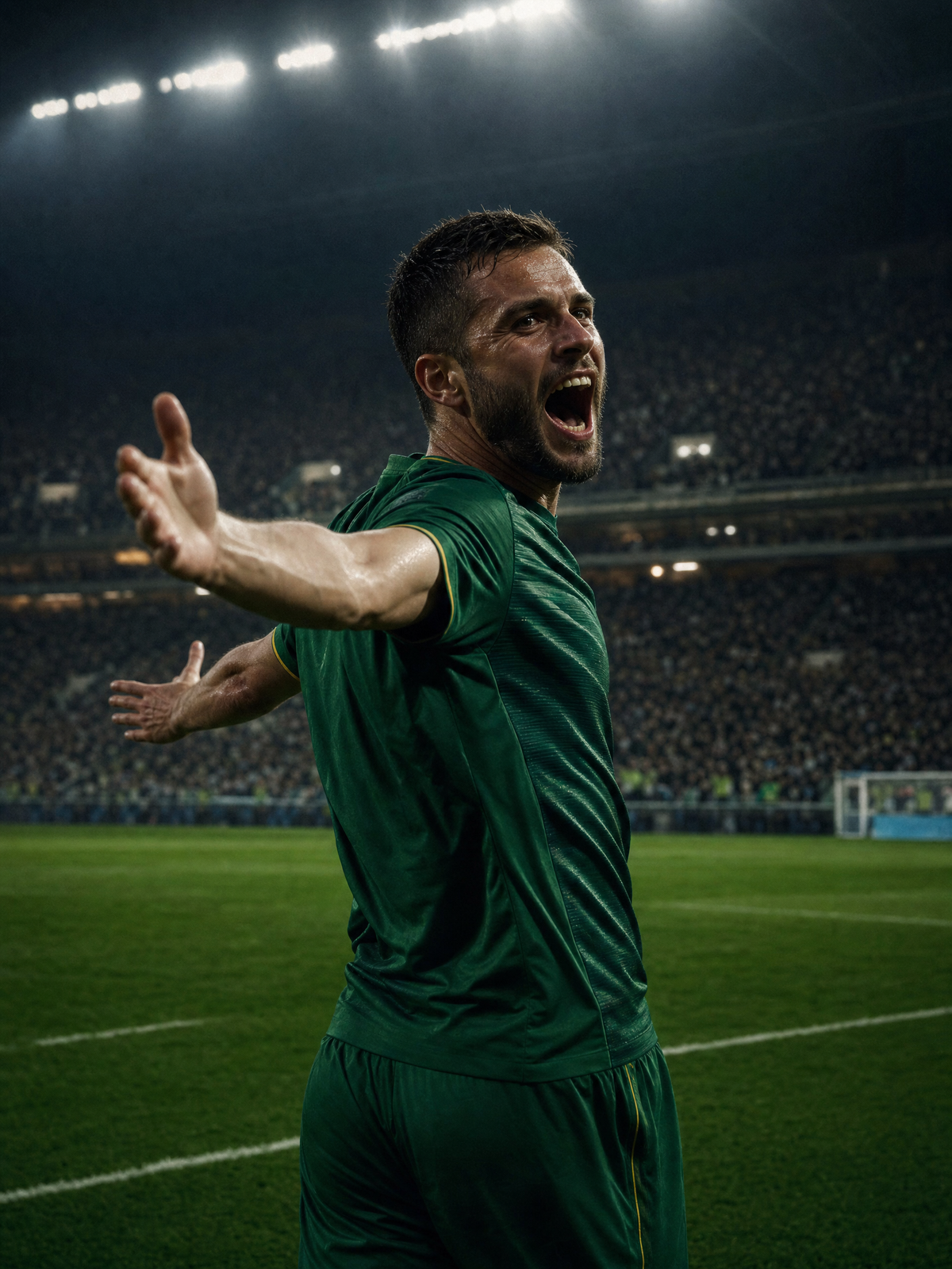 Footballer celebrating arms wide with a packed stadium behind — Donbet sports betting