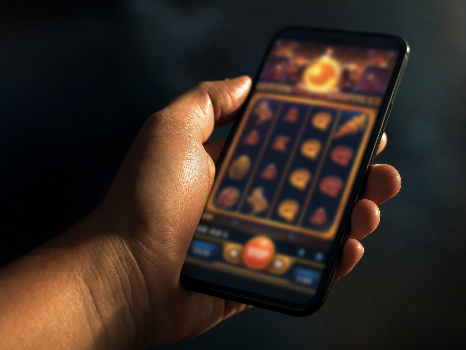 Hand holding a smartphone playing a casino slot game on the Donbet mobile casino