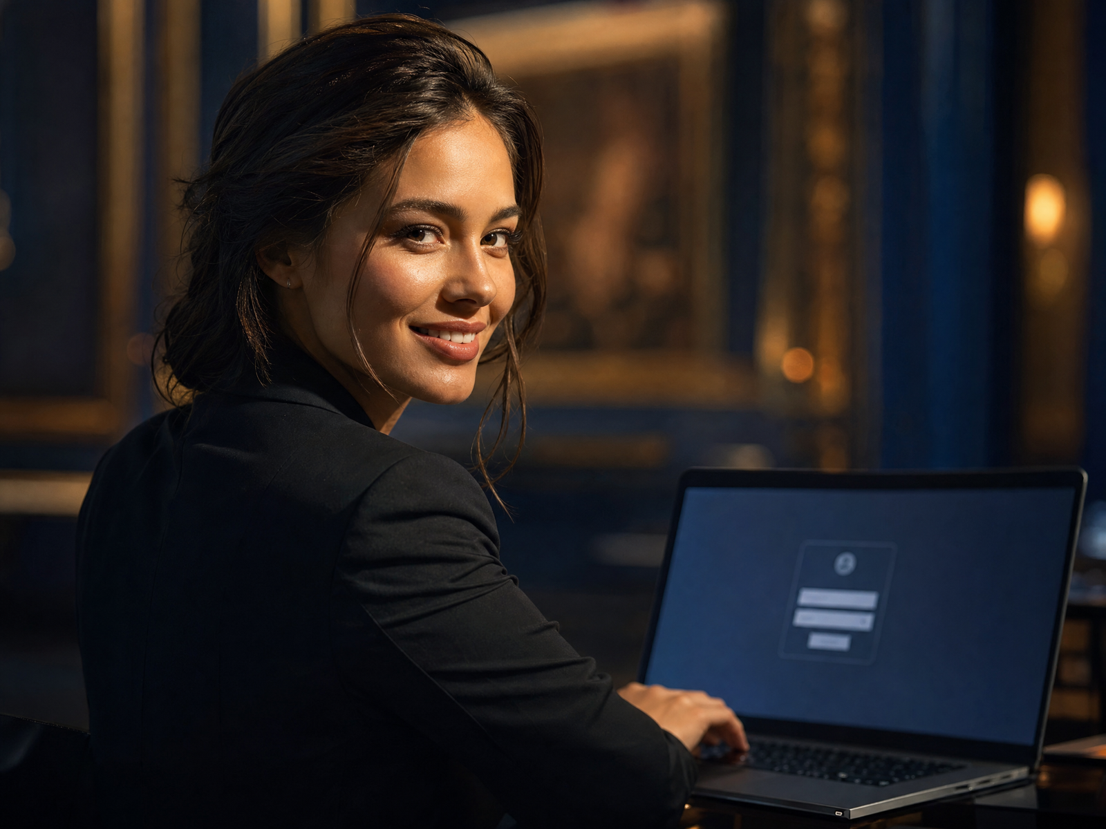 Woman at a laptop with a sign-in form, welcoming returning players to Donbet Casino