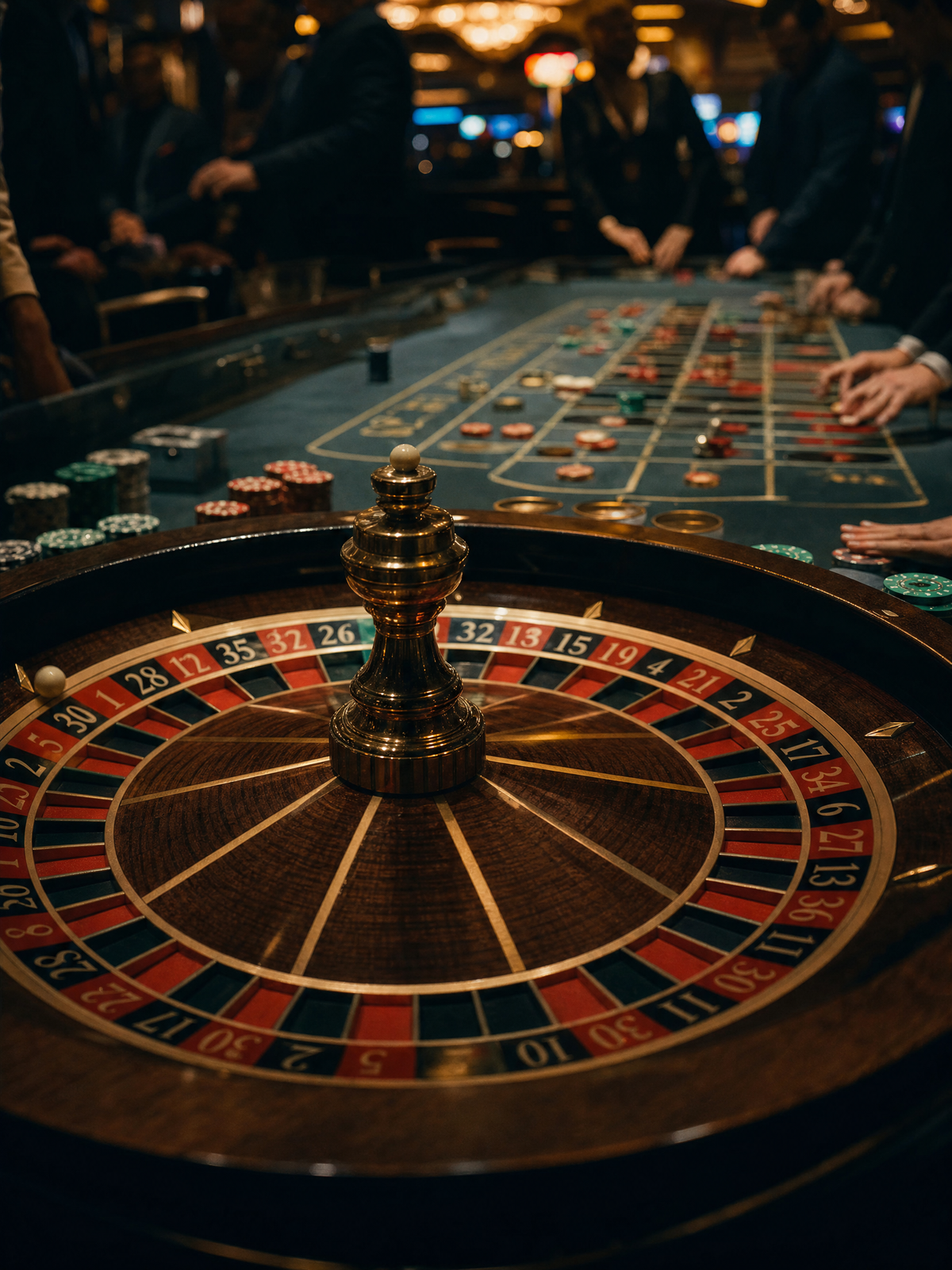 Roulette table at Donbet — croupier's view as the ball releases, players and chips in soft focus behind